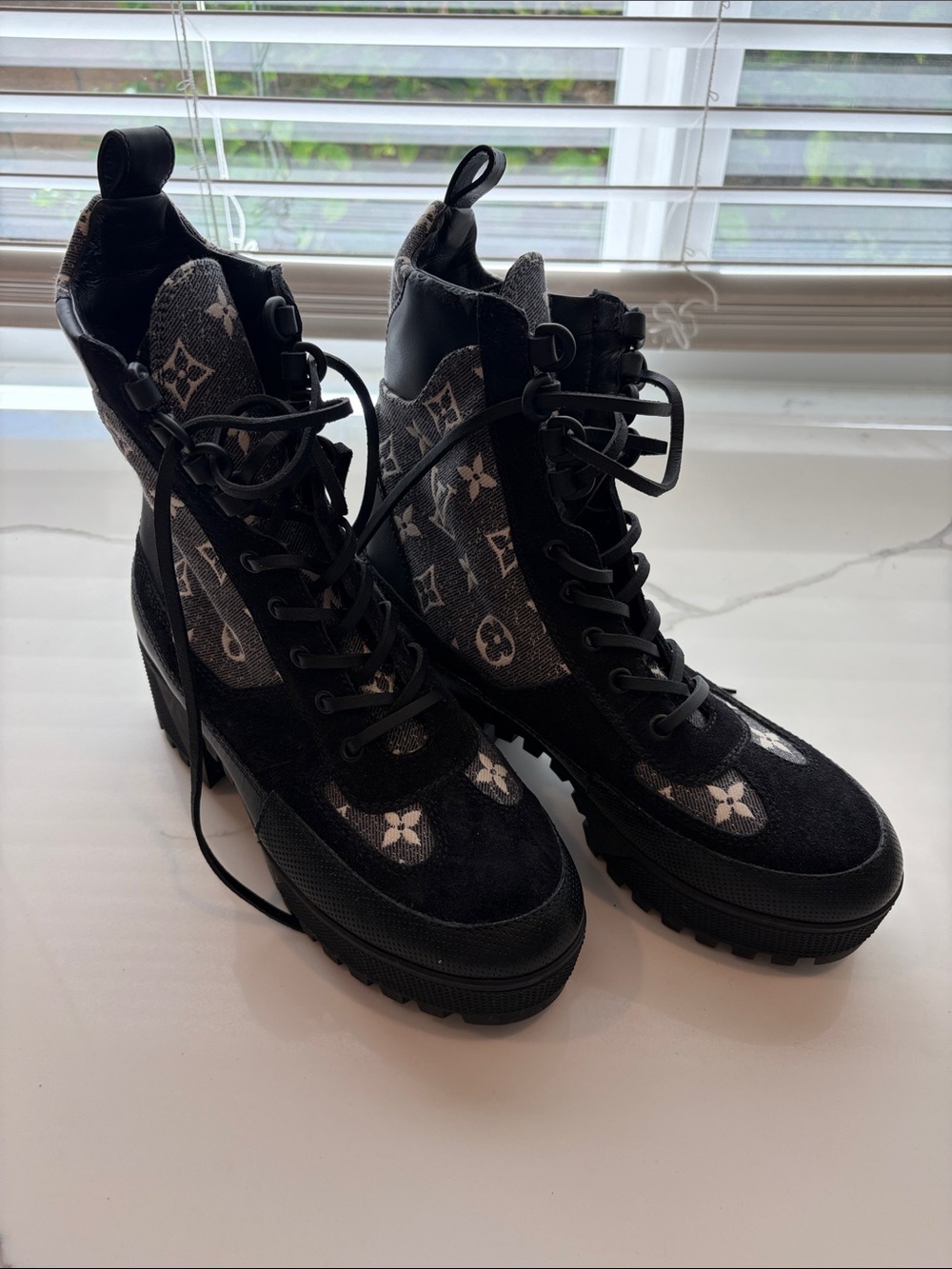 Louis Vuitton Black Monogram Lace-Up Combat Boots